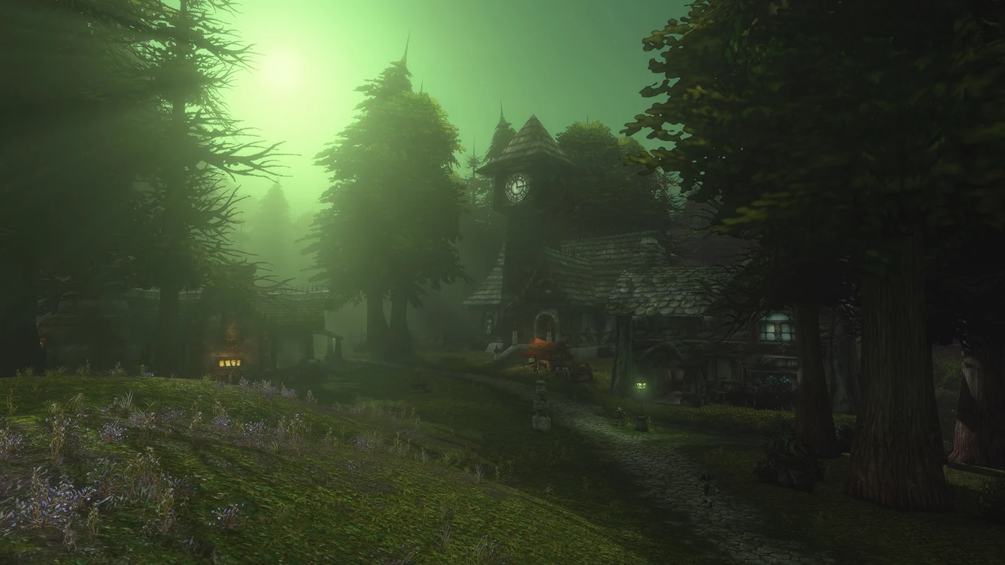 Village in green atmospheric light