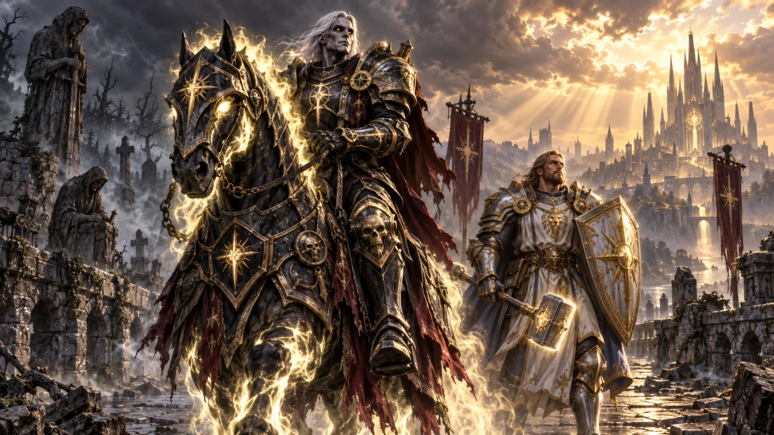 Un Paladin mort-vivant sur un cheval épique en armure à côté d'un Paladin humain
