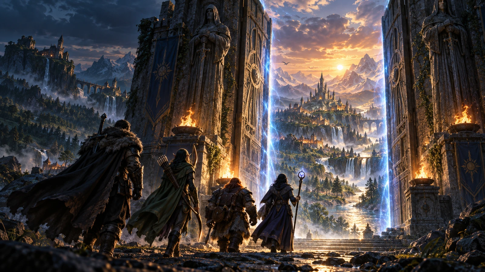Quatre aventuriers franchissent un portail lumineux vers un nouveau monde fantastique